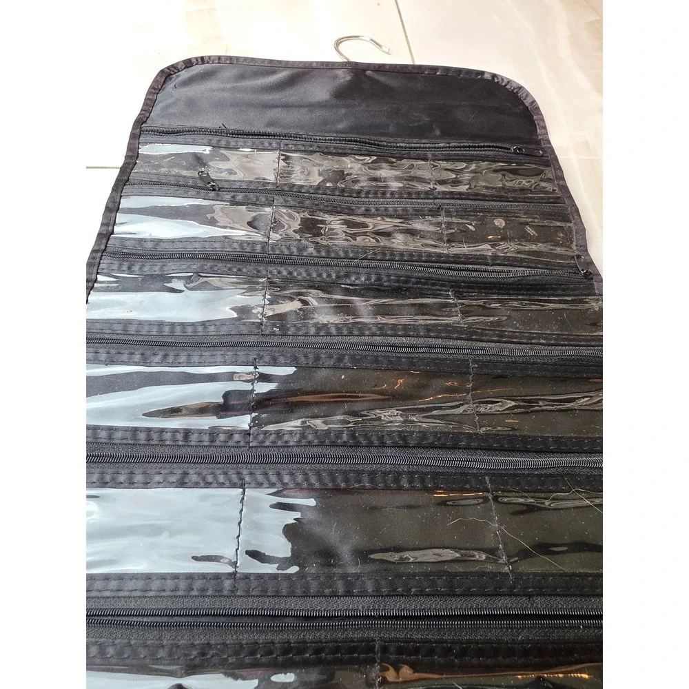 Black Hanging Jewelry Organizer Zippered Clear Pockets‎ Travel Storage 23x13 S3